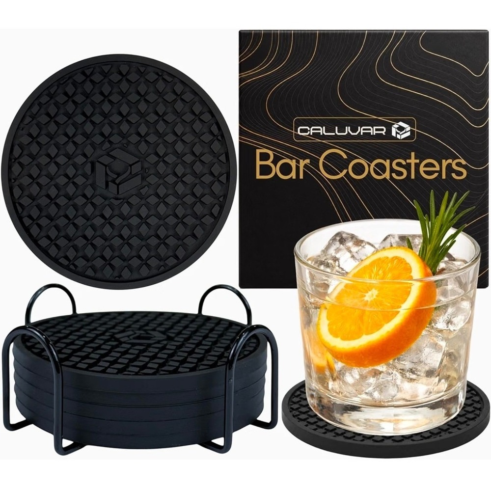 Black Coasters Set of 5 with Holder,‎ for Coffee Bar Decor